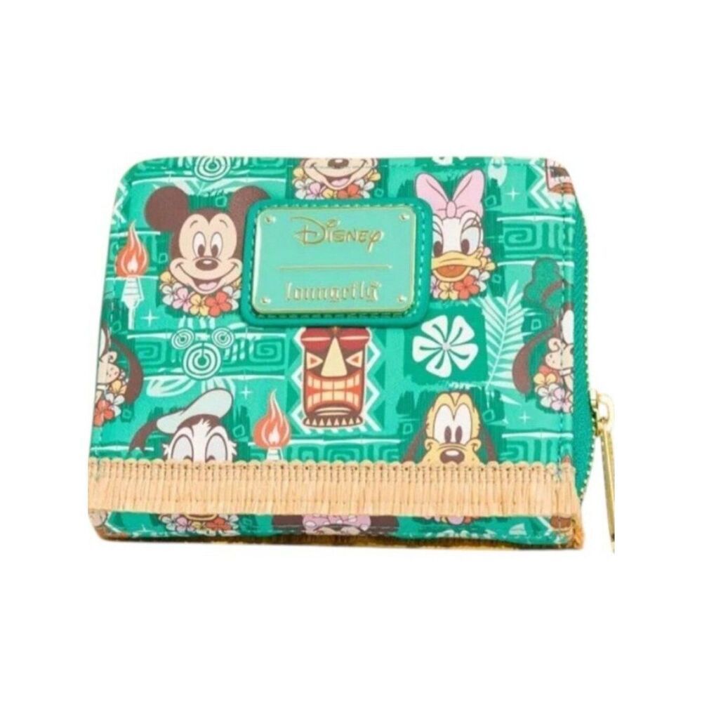 Loungefly Disney Mickey & Friends Tiki AOP Wallet Straw Accents NWT